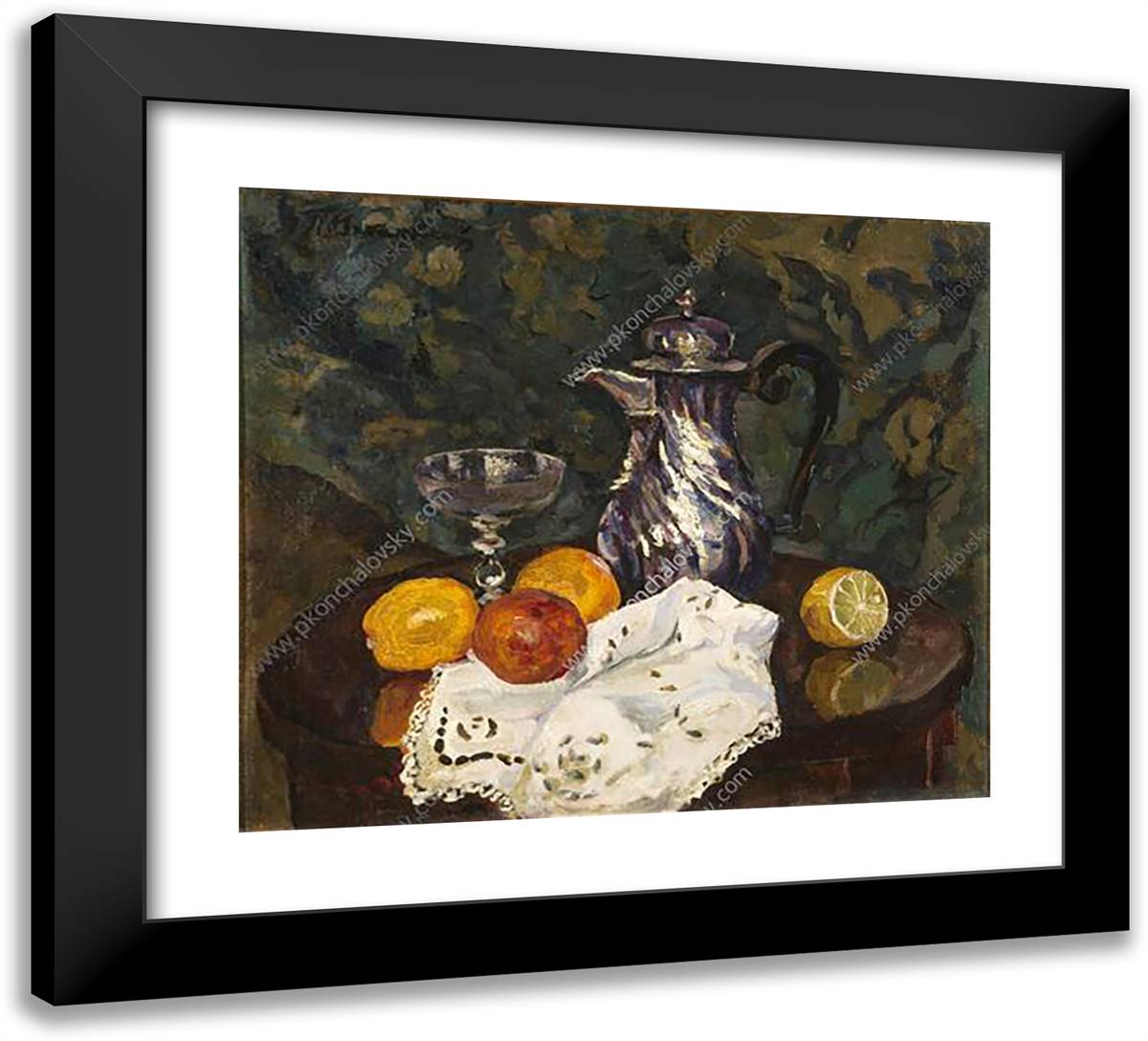 Still Life on the Background of the Carpet. Oranges and Coffee. 22x20 Black Modern Wood Framed Art Print Poster by Konchalovsky, Piotr