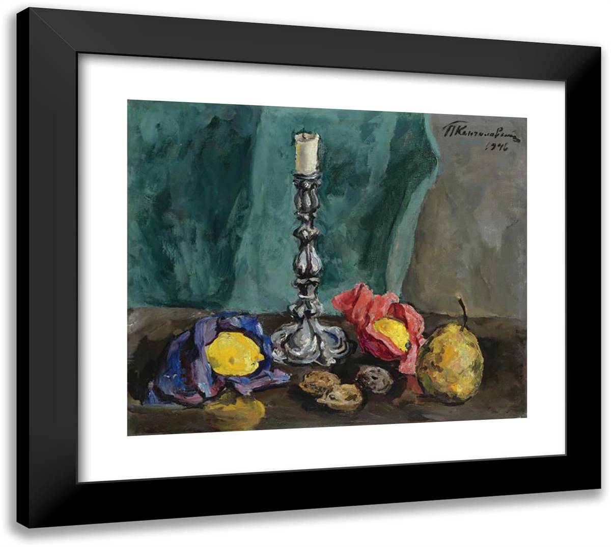 Still Life with a Candlestick and a Pear 22x20 Black Modern Wood Framed Art Print Poster by Konchalovsky, Piotr