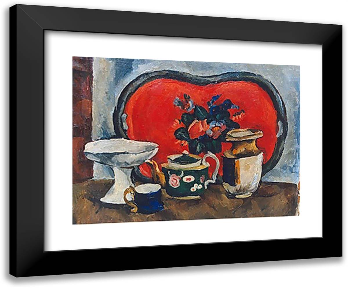 Still Life with a Red Tray. 24x20 Black Modern Wood Framed Art Print Poster by Konchalovsky, Piotr