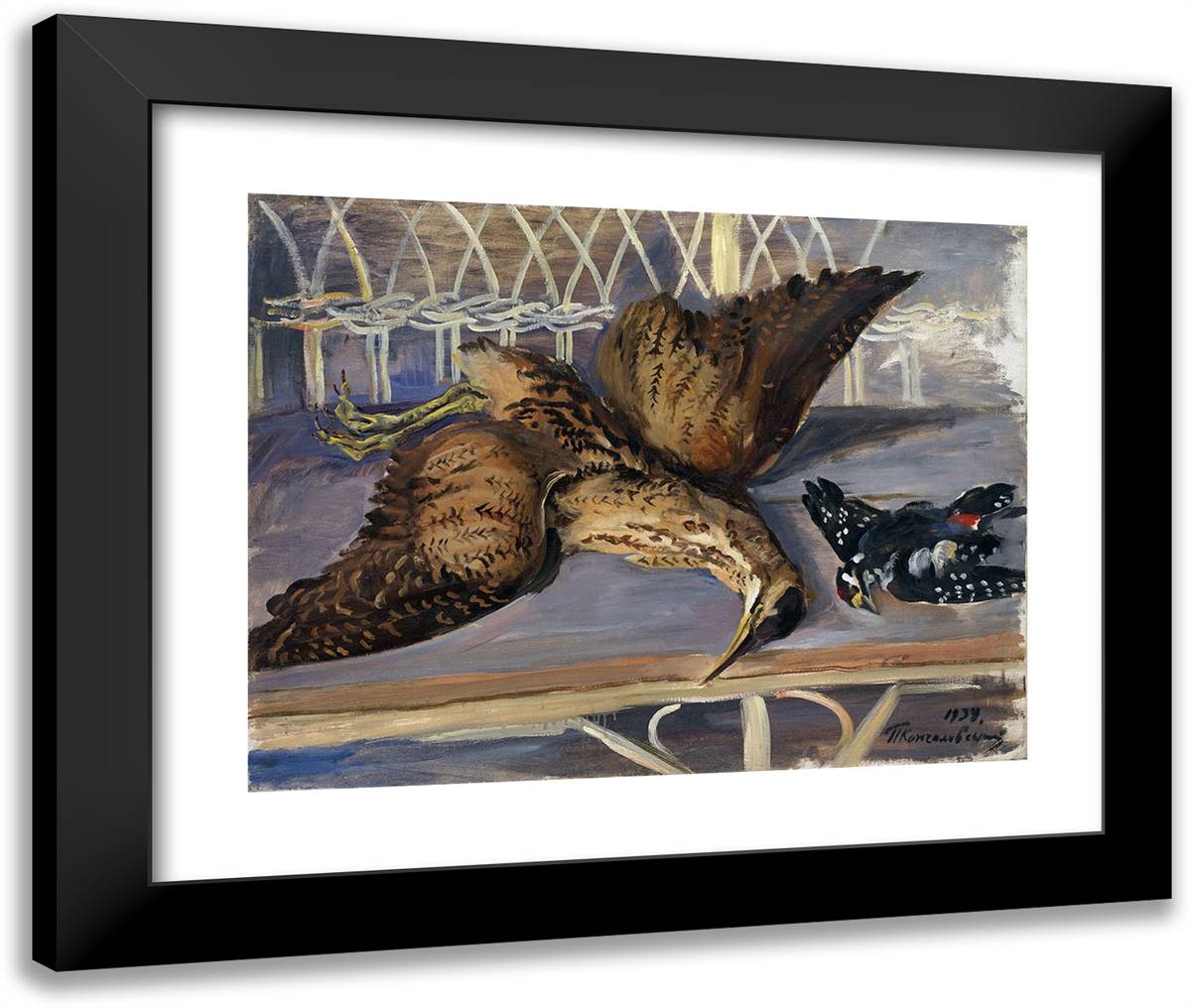 Still Life with Bittern and Woodpecker 24x20 Black Modern Wood Framed Art Print Poster by Konchalovsky, Piotr