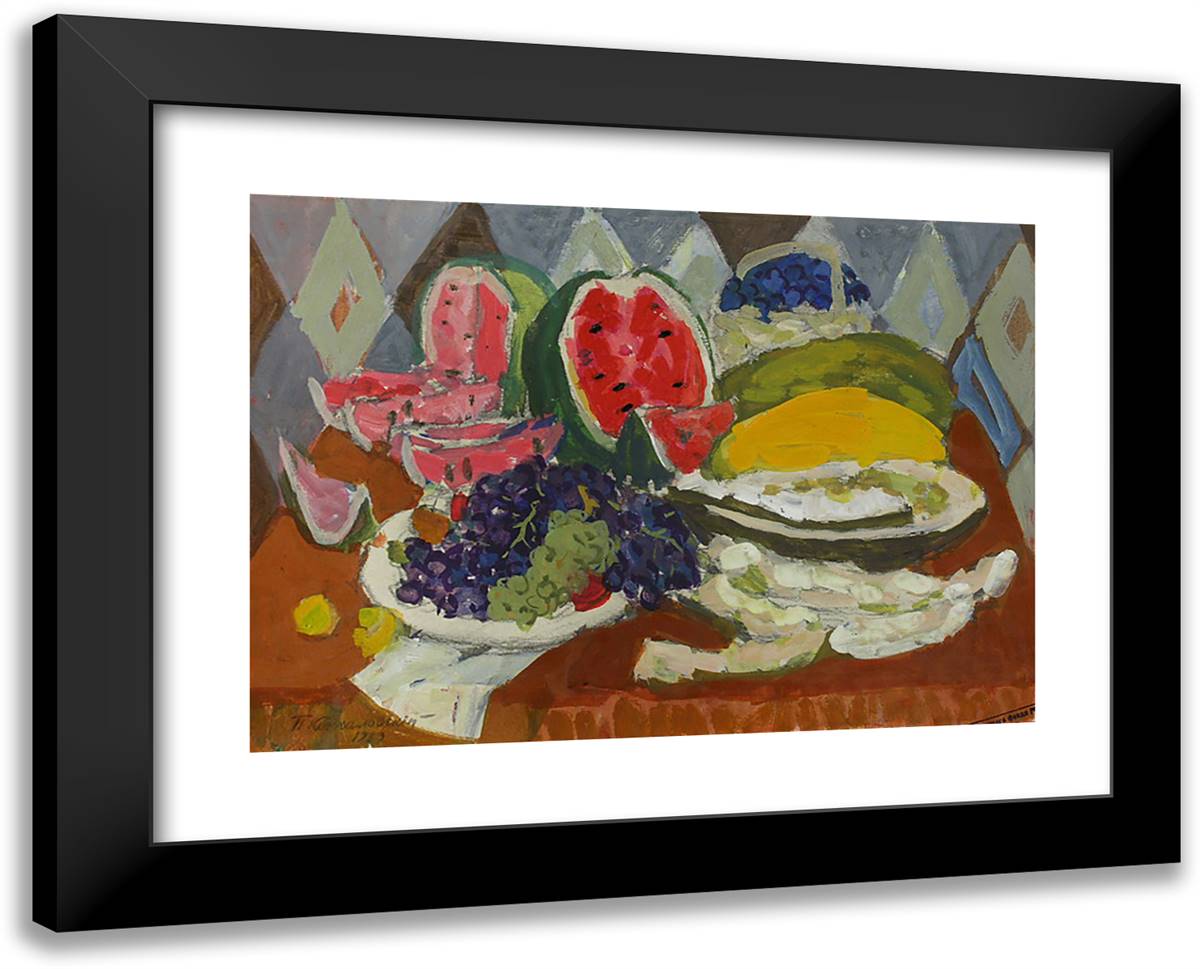 Still Life with Fruits and Watermelon 24x19 Black Modern Wood Framed Art Print Poster by Konchalovsky, Piotr