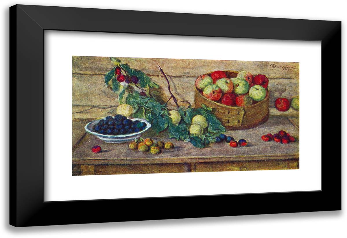 Still Life. Apples in a Sieve. 24x16 Black Modern Wood Framed Art Print Poster by Konchalovsky, Piotr