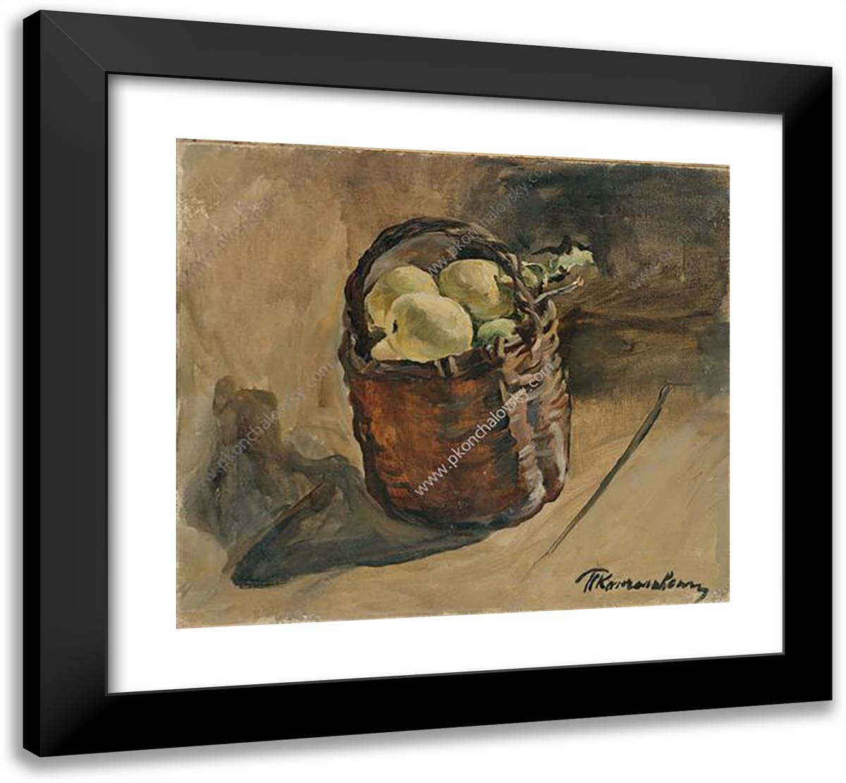 Still Life. Basket of Apples on the Floor. 22x20 Black Modern Wood Framed Art Print Poster by Konchalovsky, Piotr