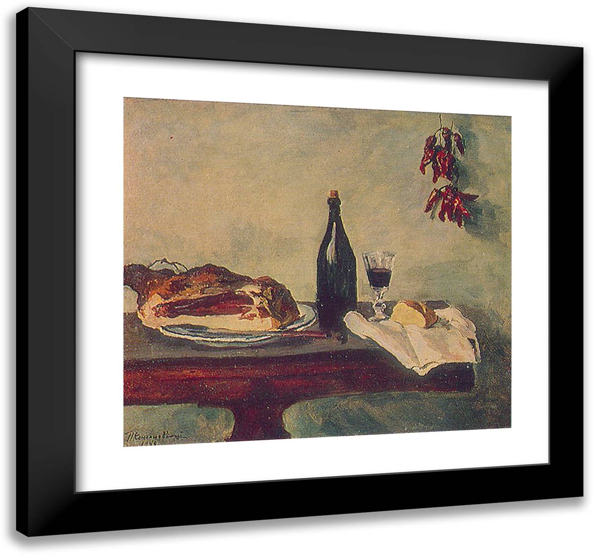 Still Life. Bread, Ham and Wine. 21x20 Black Modern Wood Framed Art Print Poster by Konchalovsky, Piotr