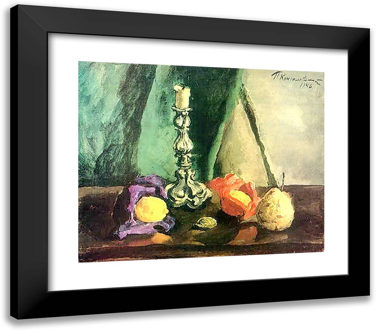 Still Life. Candlestick and Pear. 23x20 Black Modern Wood Framed Art Print Poster by Konchalovsky, Piotr