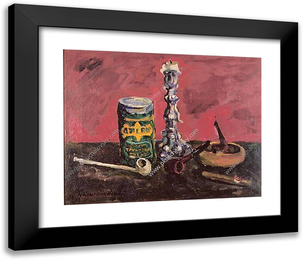 Still Life. Candlestick and the Tube on a Red Background. 23x20 Black Modern Wood Framed Art Print Poster by Konchalovsky, Piotr