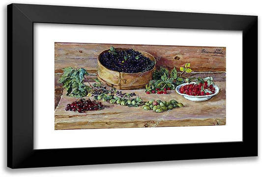 Still Life. Currants on a Sieve. 24x16 Black Modern Wood Framed Art Print Poster by Konchalovsky, Piotr