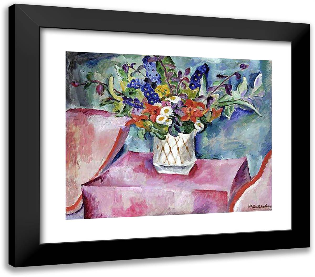 Still Life. Flowers in Pink. 23x20 Black Modern Wood Framed Art Print Poster by Konchalovsky, Piotr