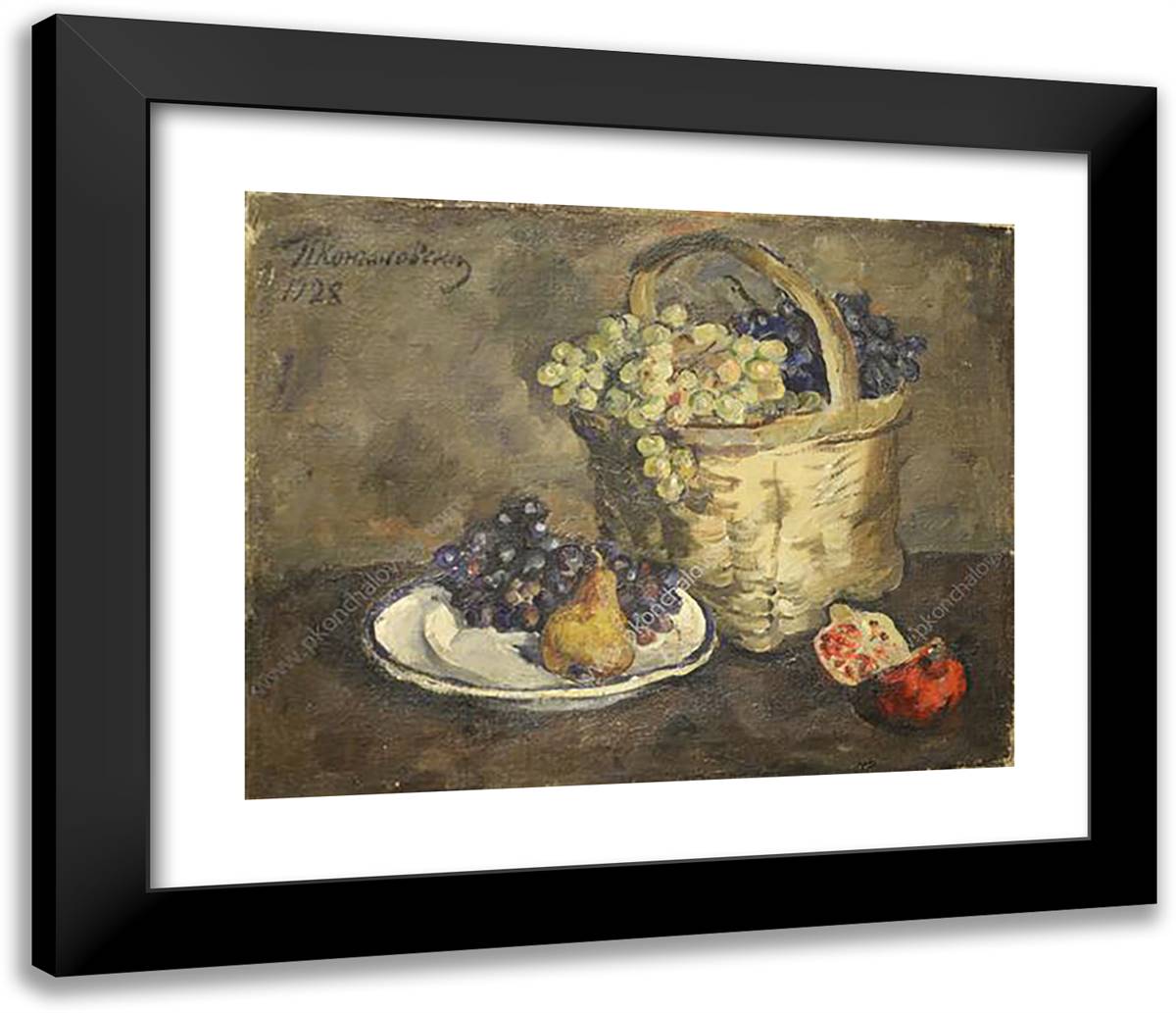 Still Life. Grapes and Pomegranates. 23x20 Black Modern Wood Framed Art Print Poster by Konchalovsky, Piotr