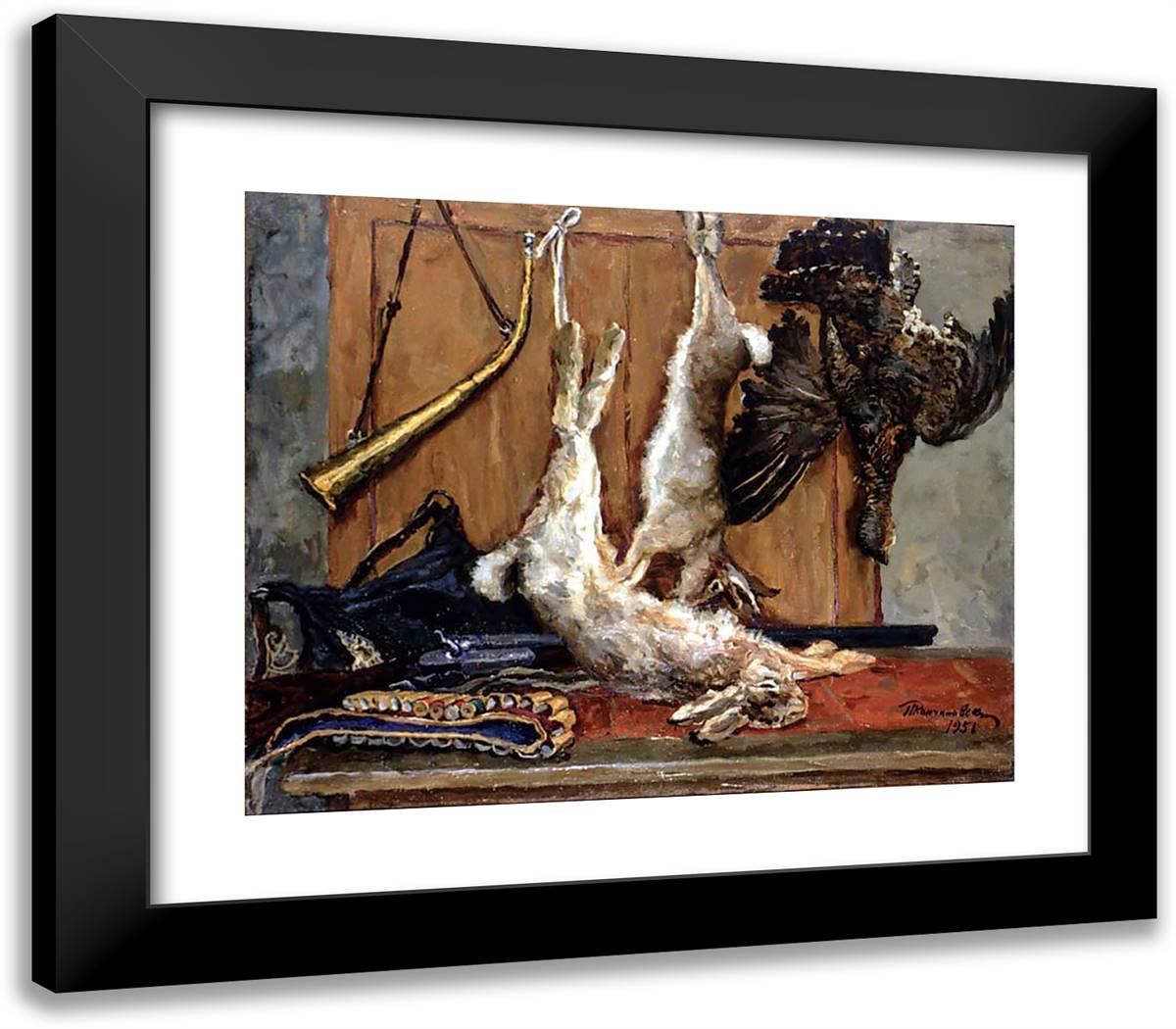 Still Life. Hares and Grouse. 23x20 Black Modern Wood Framed Art Print Poster by Konchalovsky, Piotr