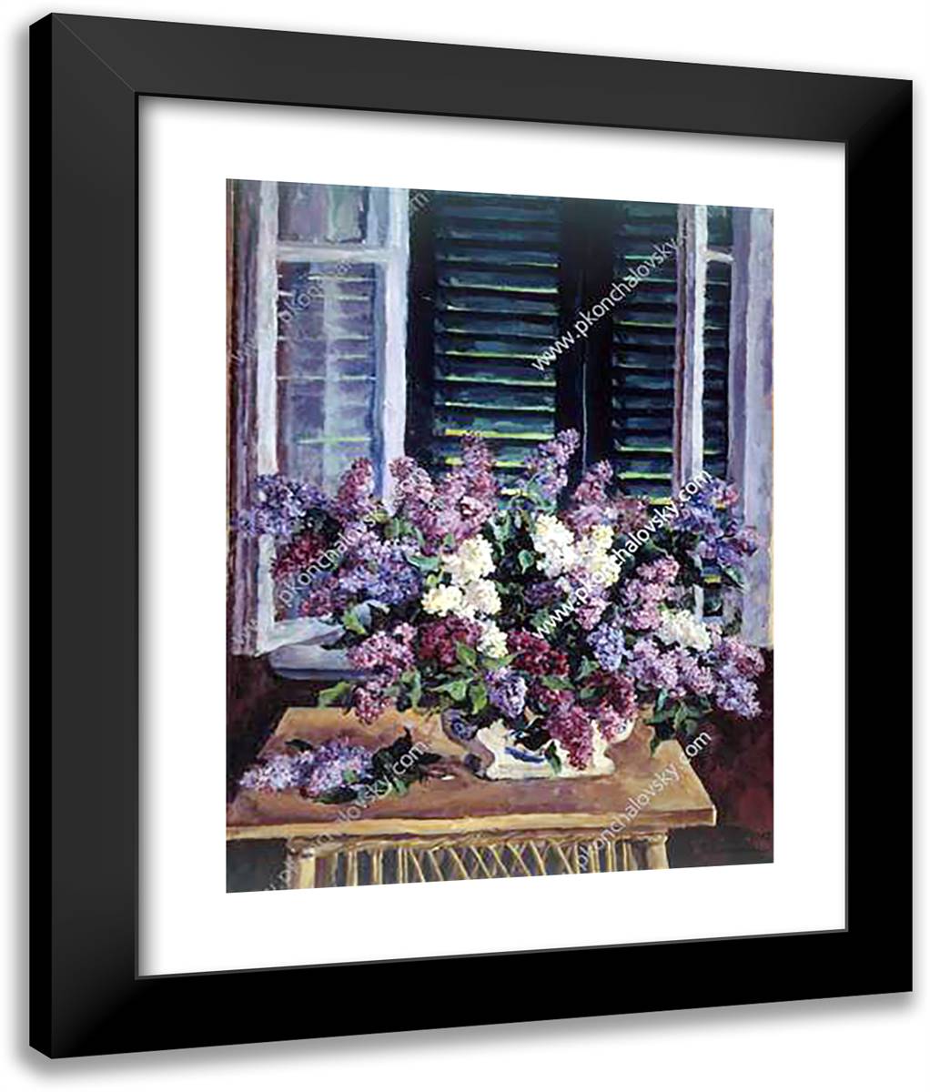 Still Life. Lilac Against the Green Shutters. 20x24 Black Modern Wood Framed Art Print Poster by Konchalovsky, Piotr