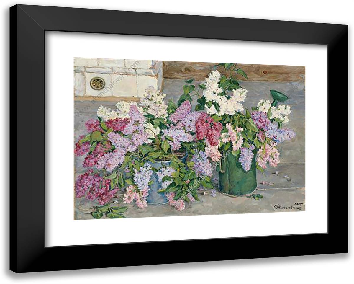 Still Life. Lilac, a Bucket and a Watering Can. 24x19 Black Modern Wood Framed Art Print Poster by Konchalovsky, Piotr