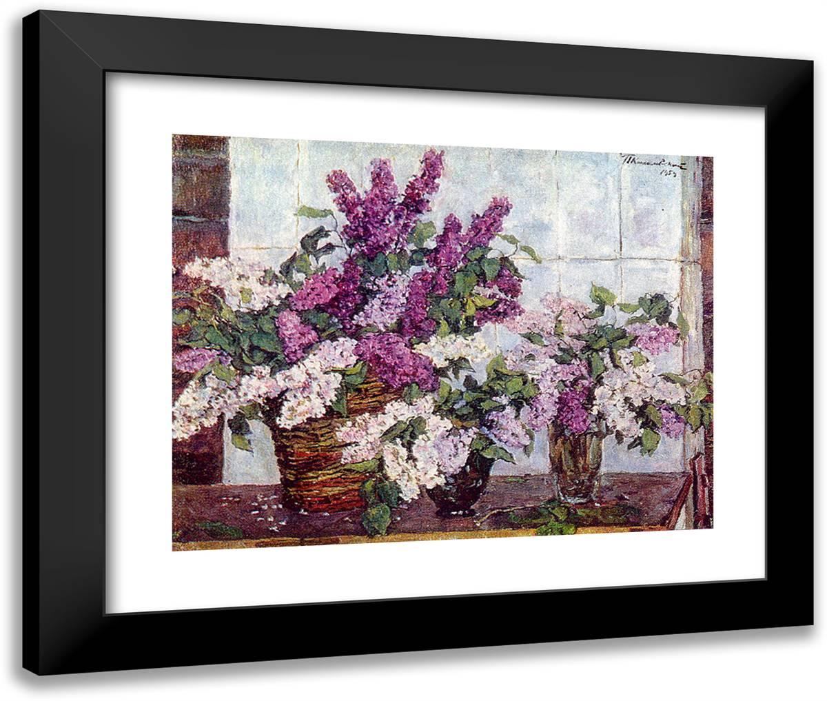 Still Life. Lilac, Crystal Vase and a Basket. 24x20 Black Modern Wood Framed Art Print Poster by Konchalovsky, Piotr