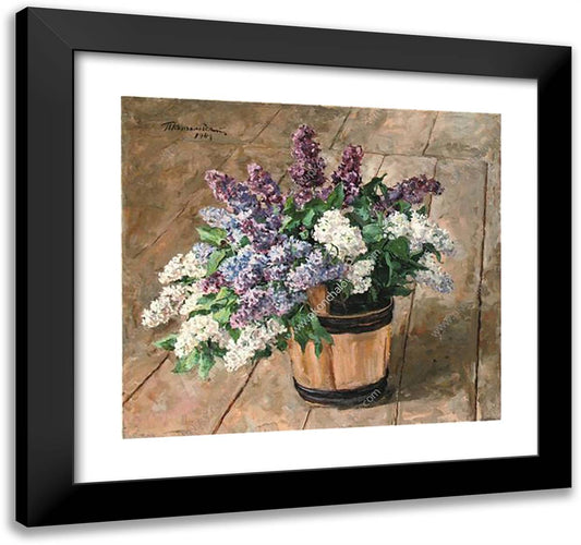 Still Life. Lilacs in a Bucket on the Floor. 21x20 Black Modern Wood Framed Art Print Poster by Konchalovsky, Piotr