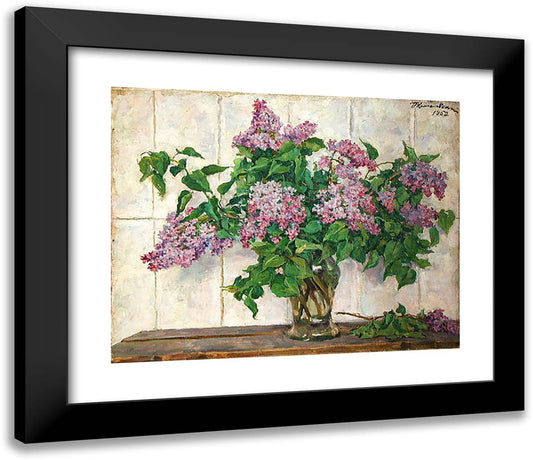 Still Life. Lilacs in a Glass Jar Against the Stove. 23x20 Black Modern Wood Framed Art Print Poster by Konchalovsky, Piotr