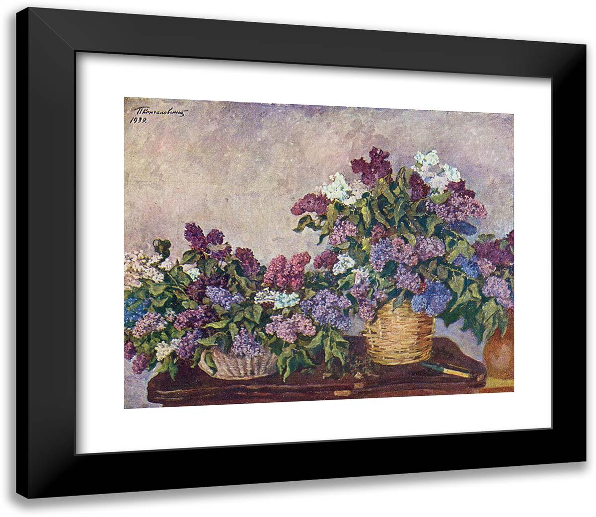 Still Life. Lilacs in Two Baskets. 23x20 Black Modern Wood Framed Art Print Poster by Konchalovsky, Piotr