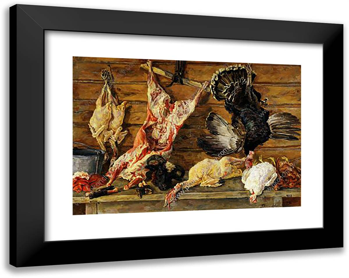 Still Life. Meat and Poultry. 24x19 Black Modern Wood Framed Art Print Poster by Konchalovsky, Piotr