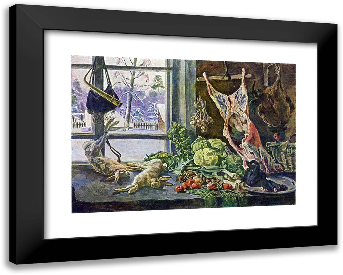 Still Life. Meat, Poultry and Brussels Sprouts Against the Window. 24x19 Black Modern Wood Framed Art Print Poster by Konchalovsky, Piotr