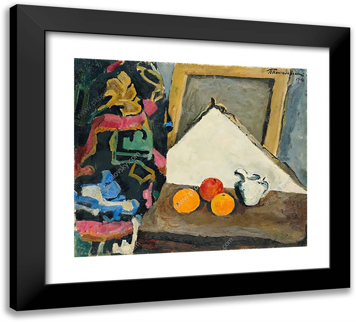 Still Life. Oranges, Stretcher and Carpet. 22x20 Black Modern Wood Framed Art Print Poster by Konchalovsky, Piotr