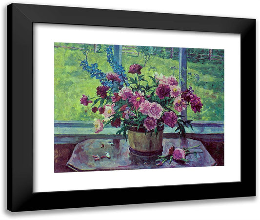 Still Life. Peonies at the Window. 24x20 Black Modern Wood Framed Art Print Poster by Konchalovsky, Piotr