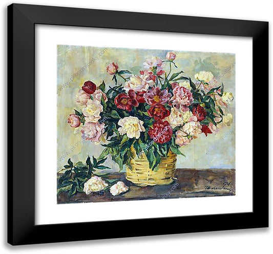 Still Life. Peonies in a Basket. 21x20 Black Modern Wood Framed Art Print Poster by Konchalovsky, Piotr