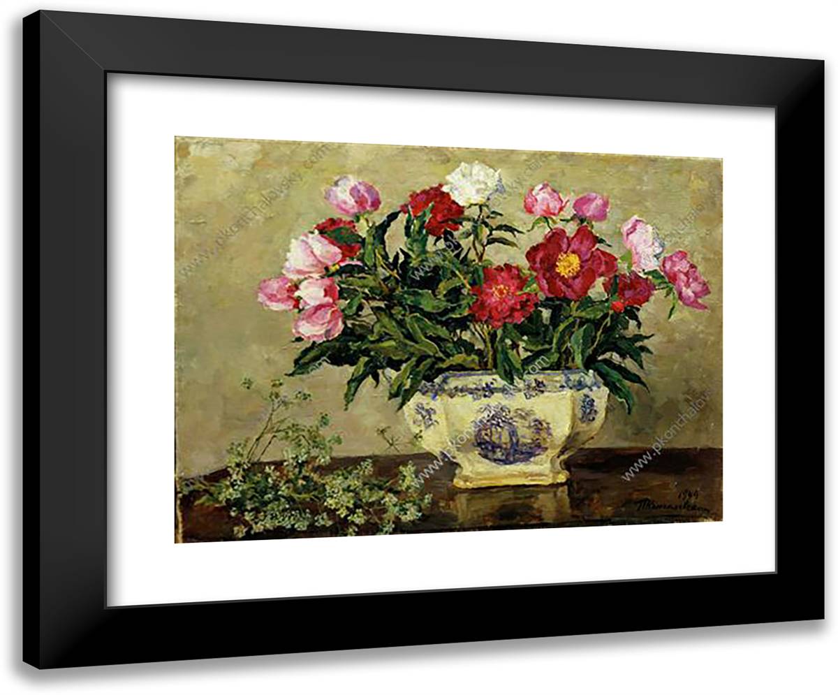 Still Life. Peonies in a Porcelain Vase. 24x20 Black Modern Wood Framed Art Print Poster by Konchalovsky, Piotr