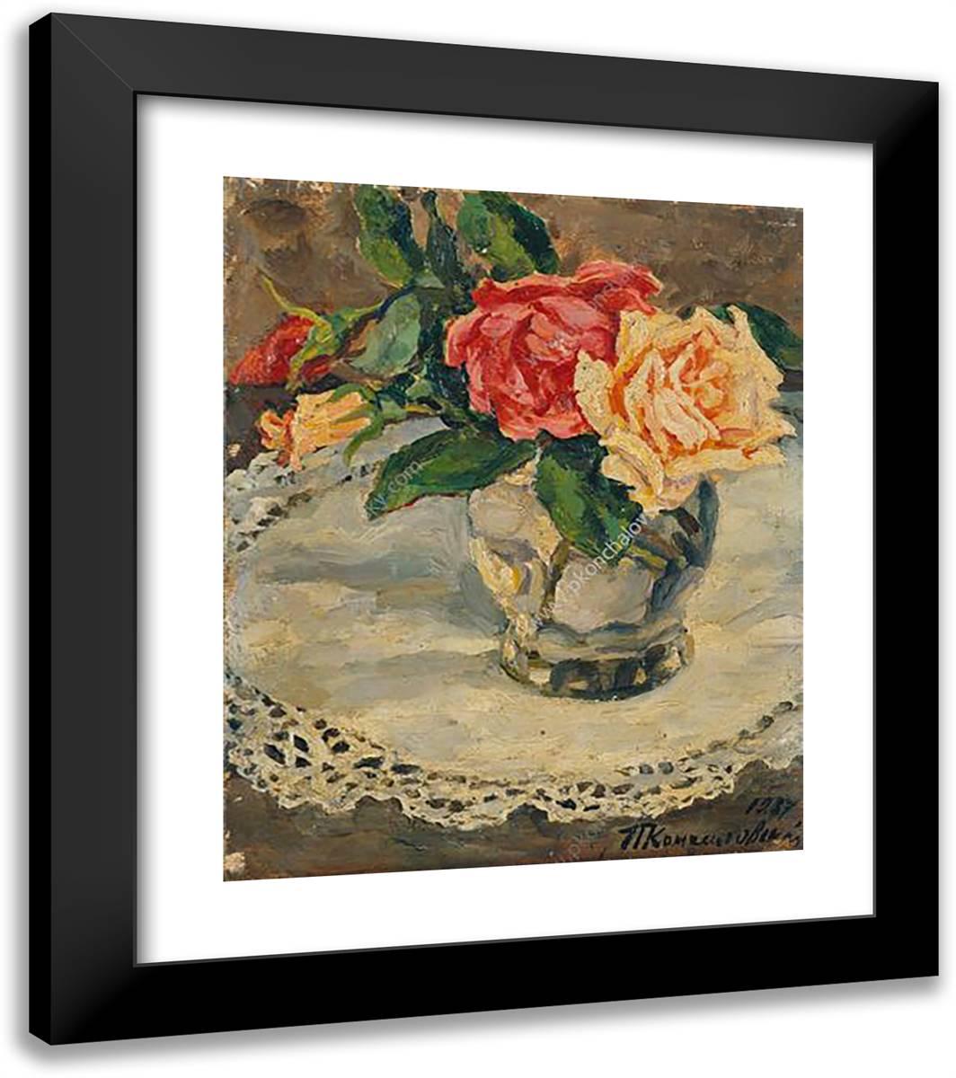 Still Life. Roses on a Lace Napkin. 20x23 Black Modern Wood Framed Art Print Poster by Konchalovsky, Piotr