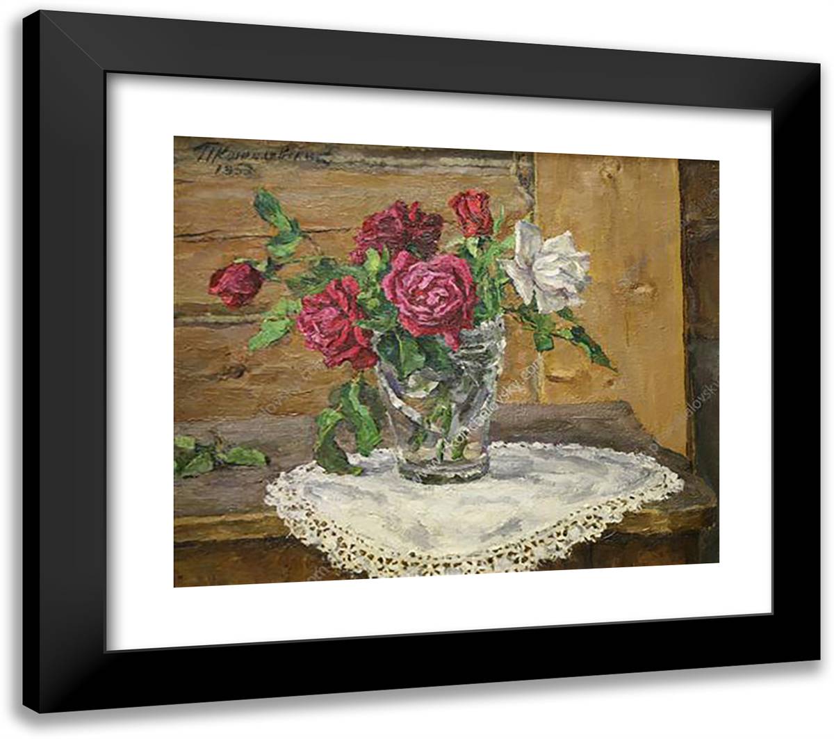 Still Life. Roses on a Yellow Background. 23x20 Black Modern Wood Framed Art Print Poster by Konchalovsky, Piotr