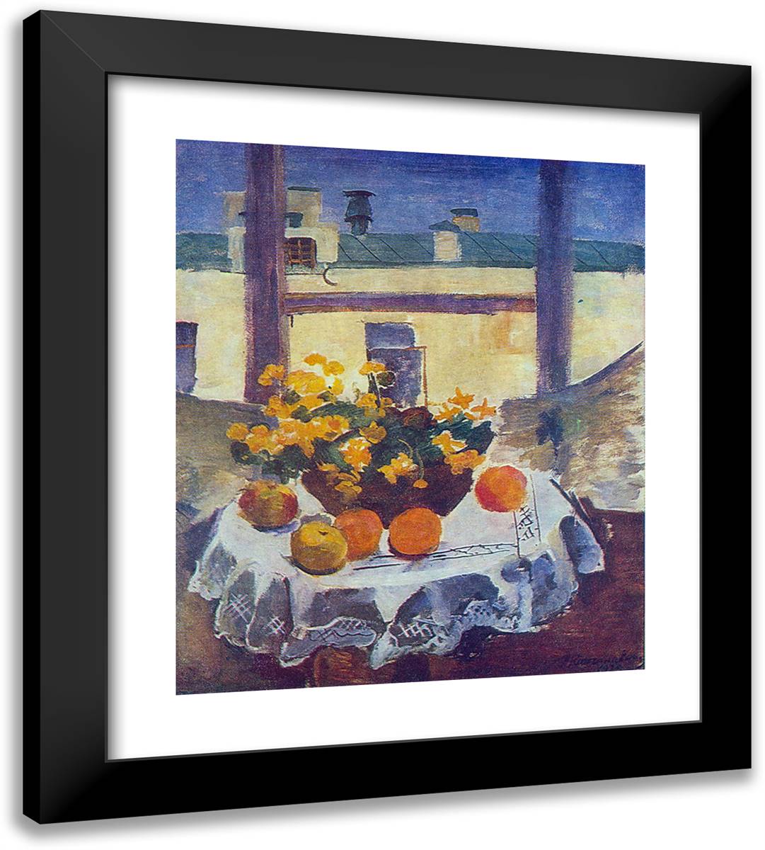 Still Life. Table with Fruits and Yellow Flowers. 20x22 Black Modern Wood Framed Art Print Poster by Konchalovsky, Piotr