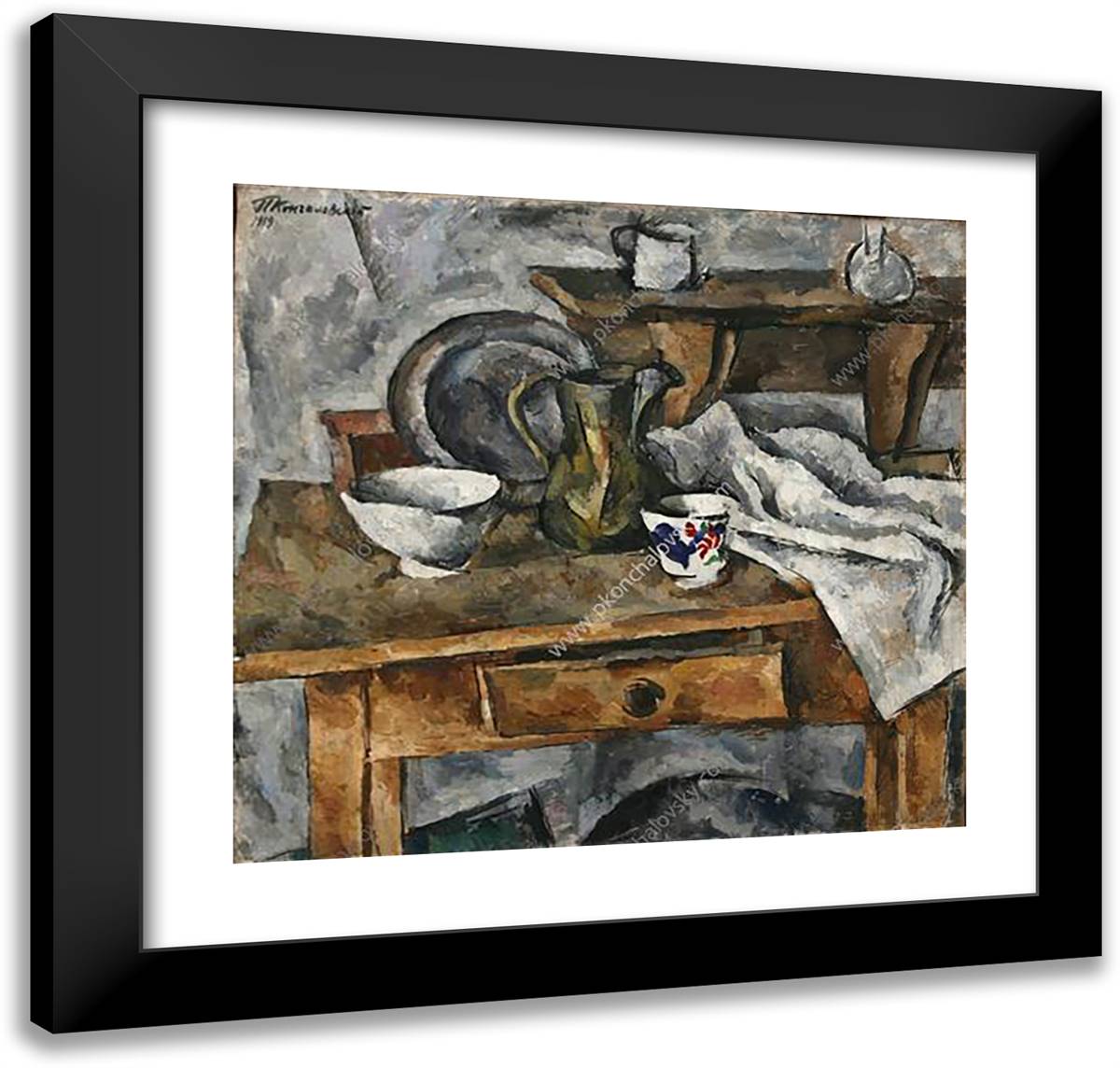 Still Life. Table with the Dishes. 21x20 Black Modern Wood Framed Art Print Poster by Konchalovsky, Piotr