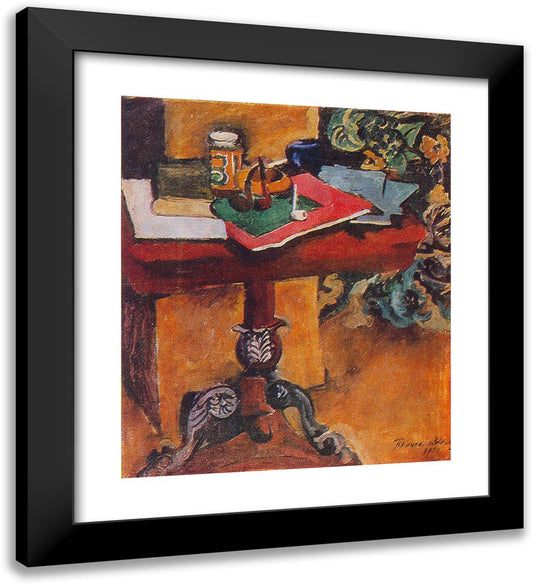 Still Life. Table, Books, and the Pipes. 20x22 Black Modern Wood Framed Art Print Poster by Konchalovsky, Piotr