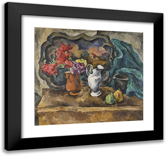 Still Life. Tray and Flowers. 21x20 Black Modern Wood Framed Art Print Poster by Konchalovsky, Piotr