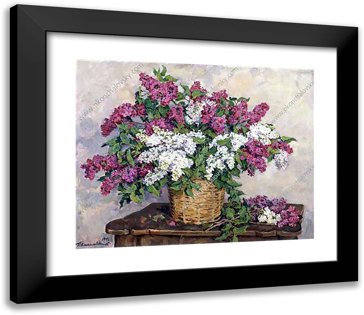 Still Life. White and Red Lilac. 23x20 Black Modern Wood Framed Art Print Poster by Konchalovsky, Piotr