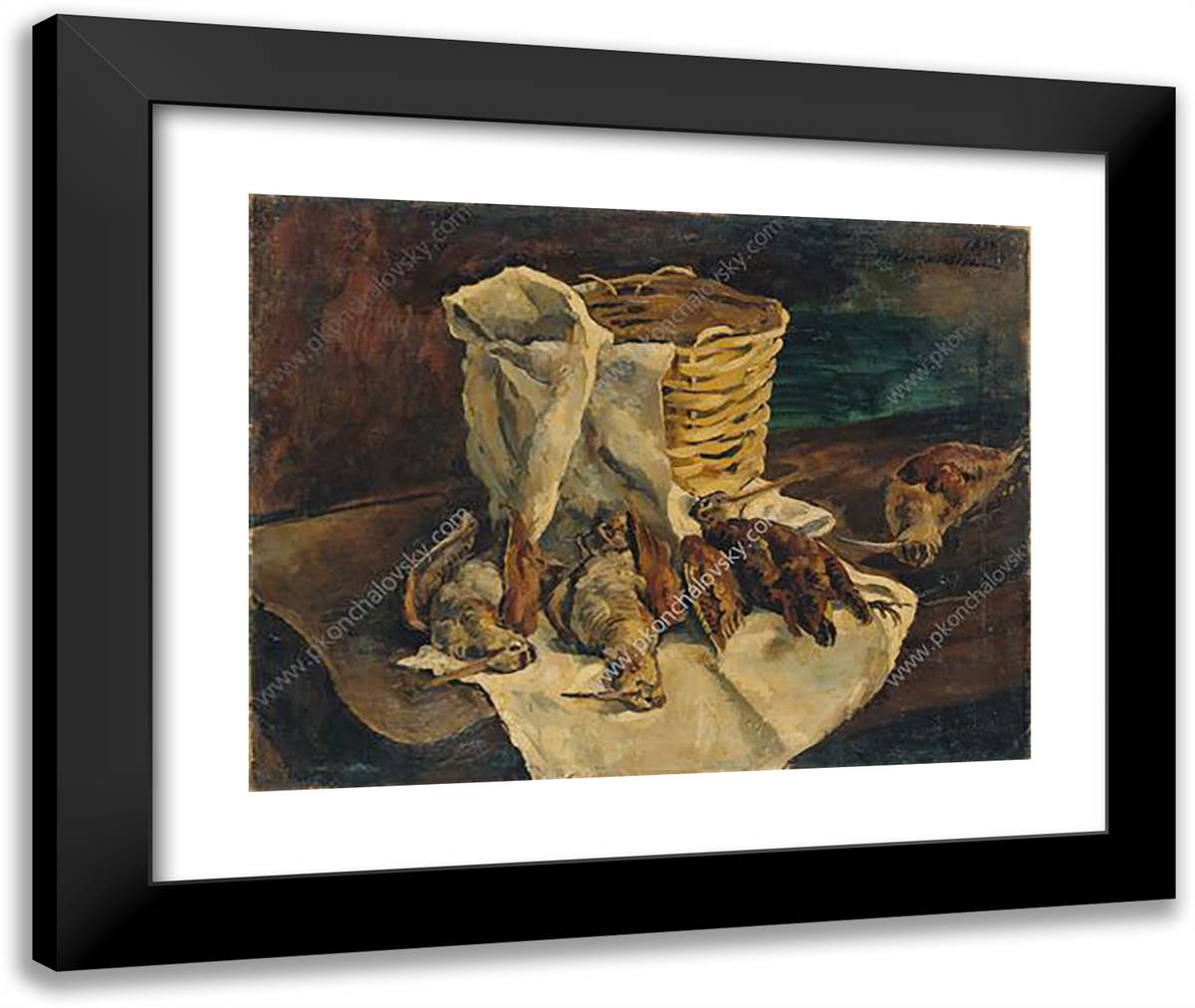 Still Life. Woodcocks with a Basket. 24x20 Black Modern Wood Framed Art Print Poster by Konchalovsky, Piotr