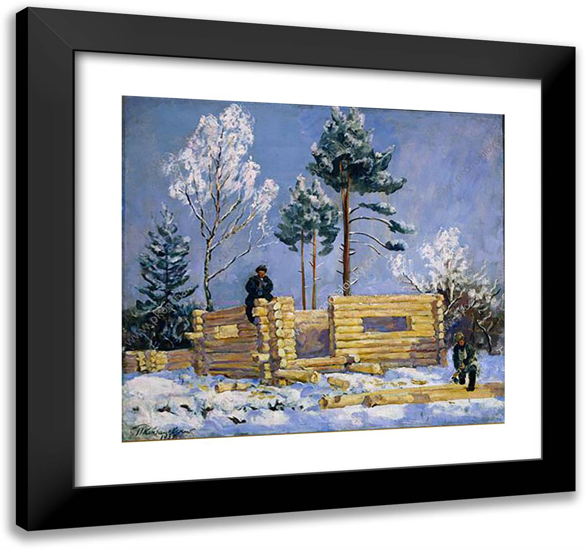 The Construction of Bathhouse 21x20 Black Modern Wood Framed Art Print Poster by Konchalovsky, Piotr