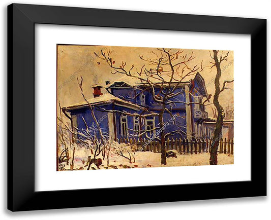 The First Snow. the Blue Cottage. 24x19 Black Modern Wood Framed Art Print Poster by Konchalovsky, Piotr