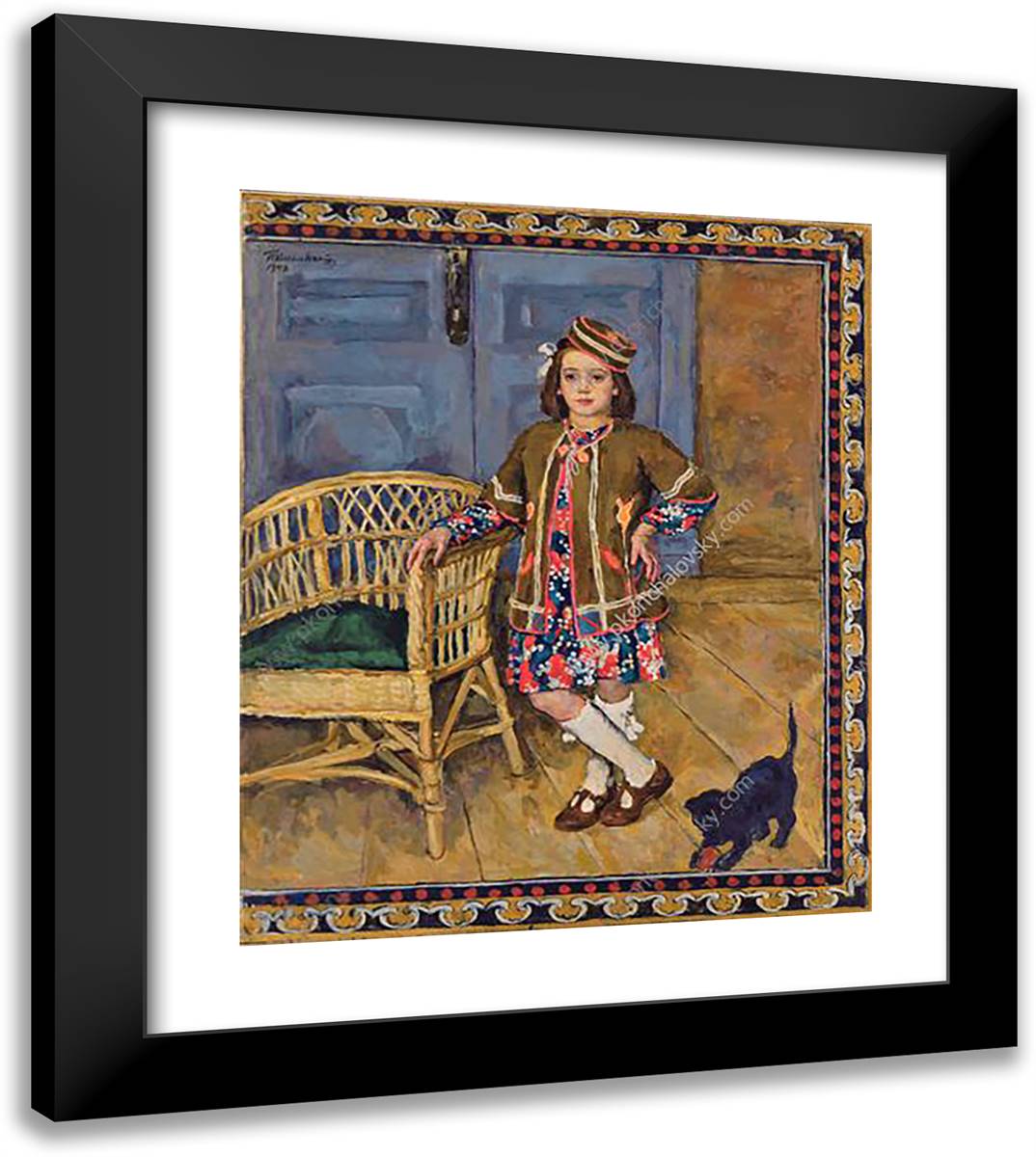 The Girl in the Caucasus Dress with a Cat (Margot) 20x23 Black Modern Wood Framed Art Print Poster by Konchalovsky, Piotr