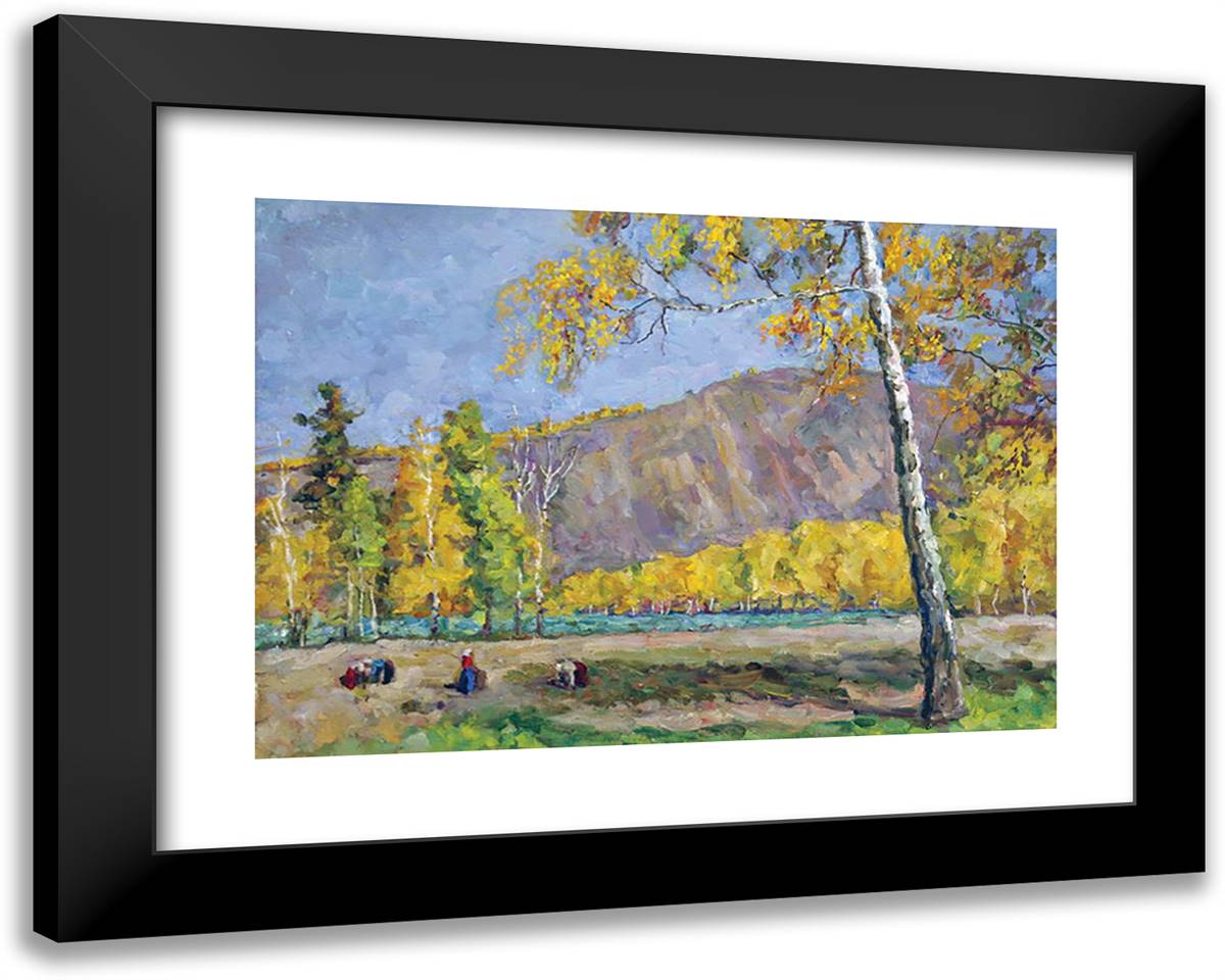 The Left Bank of the Yenisei. Kolkhoz 'Luck'. 24x19 Black Modern Wood Framed Art Print Poster by Konchalovsky, Piotr