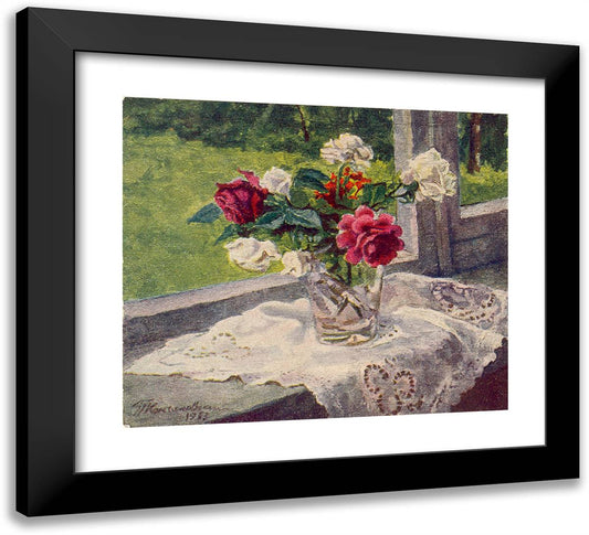 The Roses by the Window 22x20 Black Modern Wood Framed Art Print Poster by Konchalovsky, Piotr