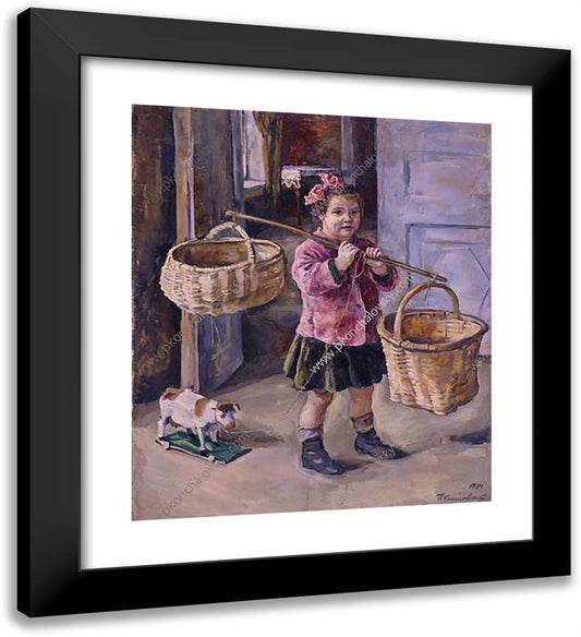 To the Water. Katya with Baskets. 20x22 Black Modern Wood Framed Art Print Poster by Konchalovsky, Piotr