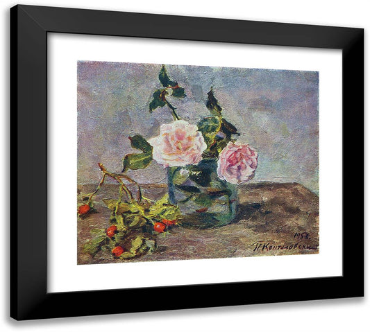 Two Roses and Dogrose Berries 22x20 Black Modern Wood Framed Art Print Poster by Konchalovsky, Piotr