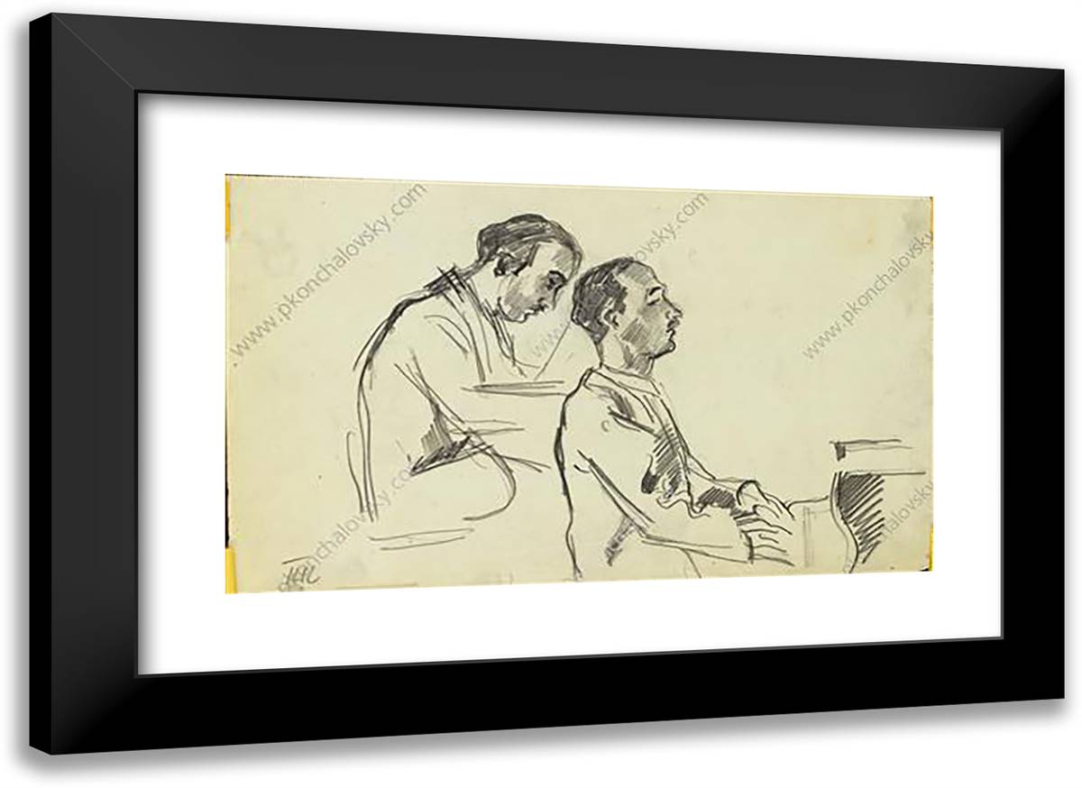 Two Sketches of Italian Pianist Carlo Tsekki at the Piano for a Portrait 24x17 Black Modern Wood Framed Art Print Poster by Konchalovsky, Piotr