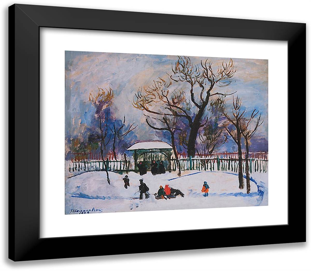 Winter. Playing Children. 23x20 Black Modern Wood Framed Art Print Poster by Konchalovsky, Piotr