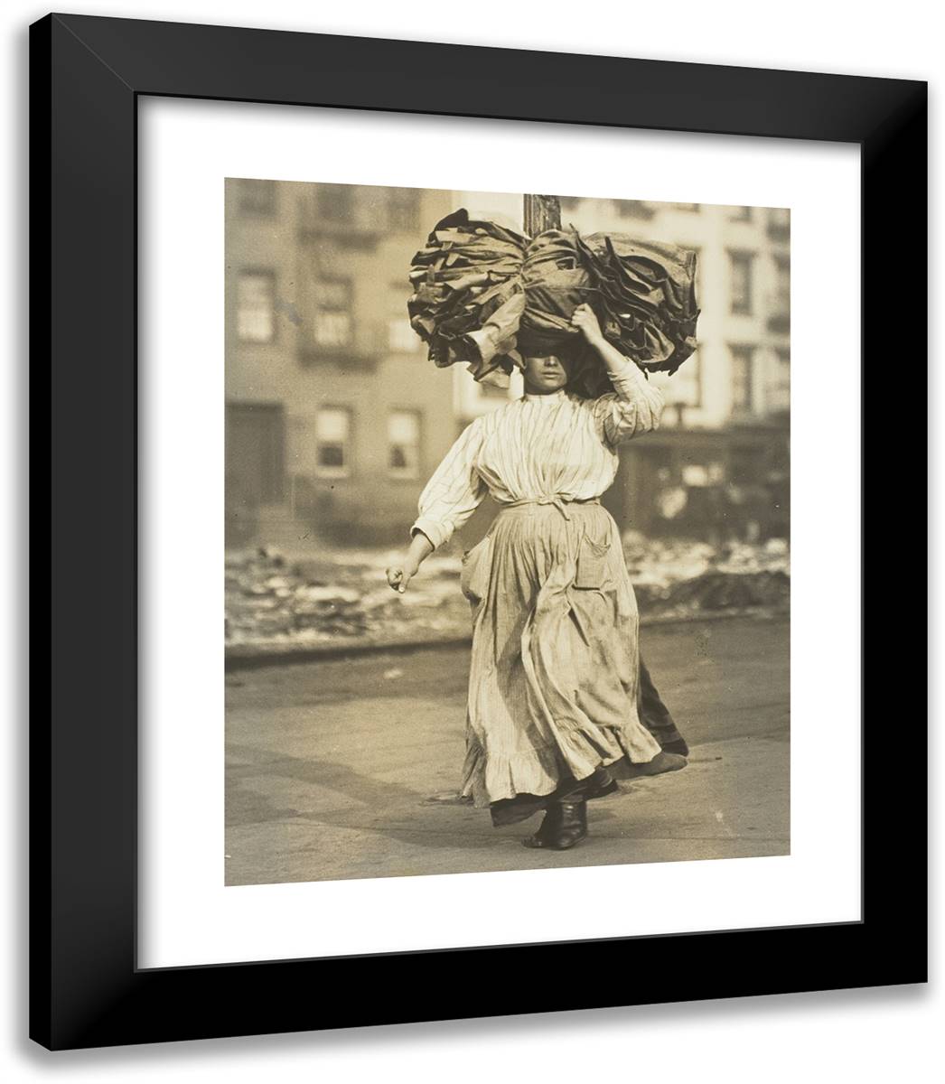 First Work in America, Italian Immigrant Carries Garments to the Tenement Home 20x23 Black Modern Wood Framed Art Print Poster by Hine, Lewis Wickes