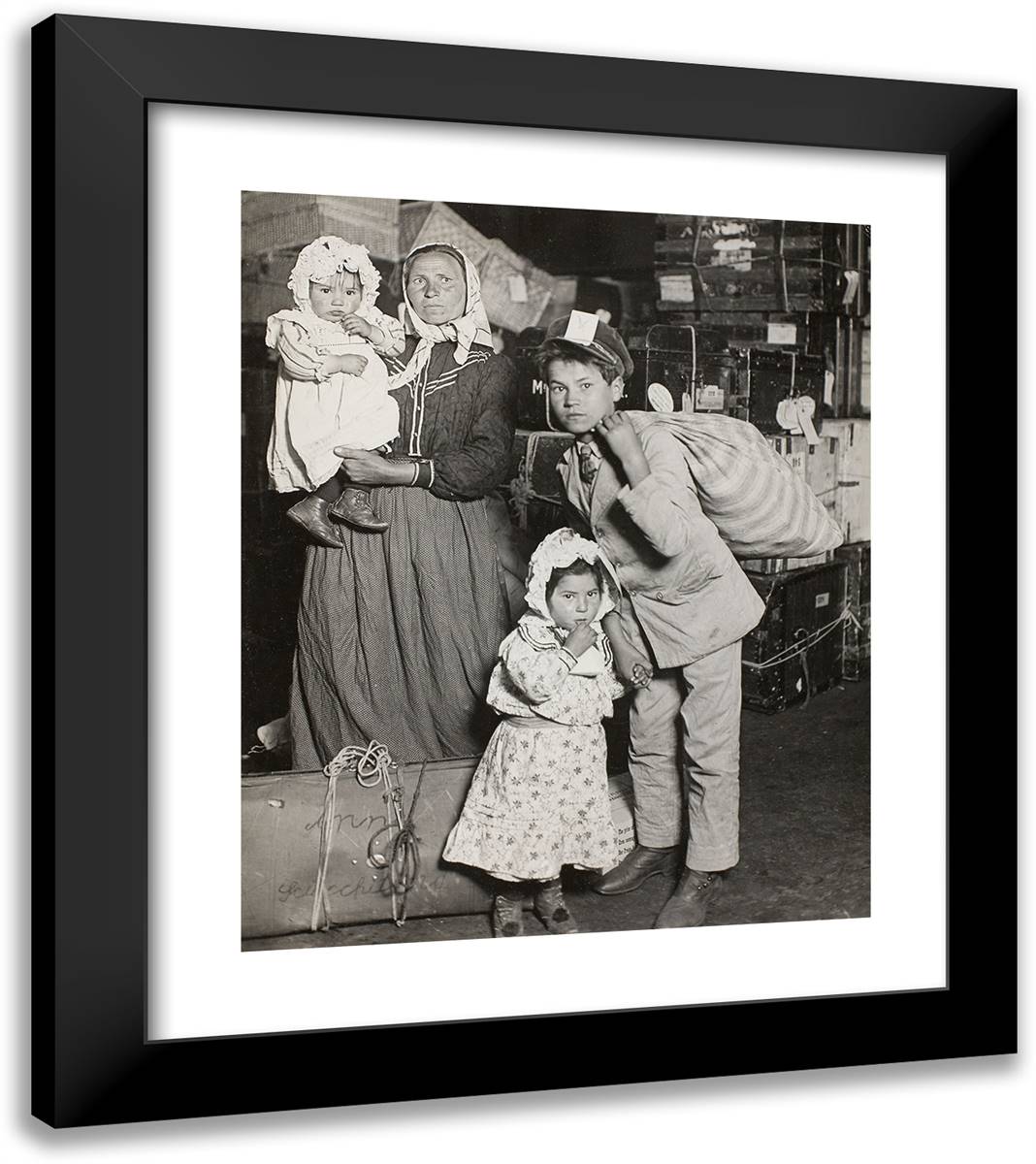 Italian Family Seeking Lost Baggage, Ellis Island_1 20x23 Black Modern Wood Framed Art Print Poster by Hine, Lewis Wickes