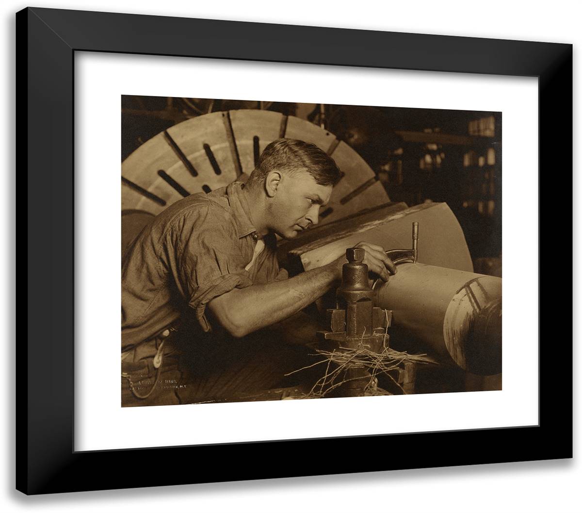 Man with Micrometer Measuring a Shaft to a Thousandth of An 23x20 Black Modern Wood Framed Art Print Poster by Hine, Lewis Wickes