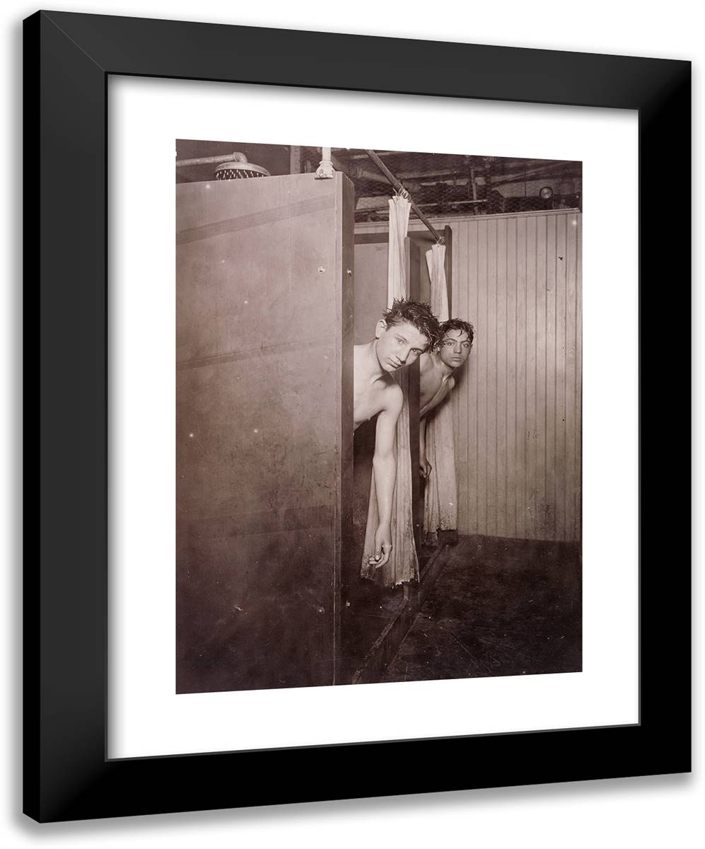 Two Boys in Shower, Postal Tel. Co., Broadway, New York 19x24 Black Modern Wood Framed Art Print Poster by Hine, Lewis Wickes