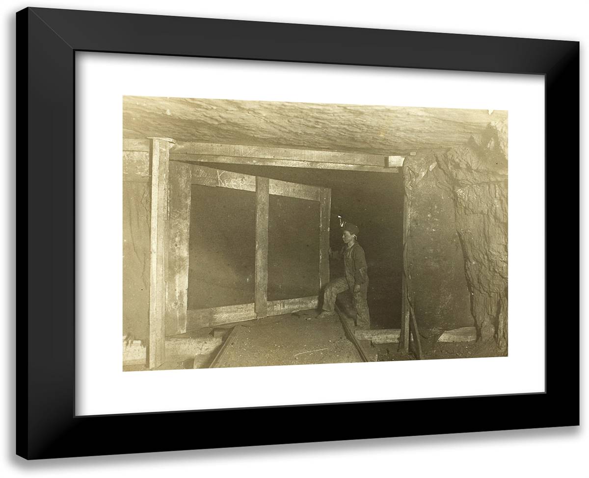 Young Trapper Boy in West VIrginia Coal Mine) 24x19 Black Modern Wood Framed Art Print Poster by Hine, Lewis Wickes