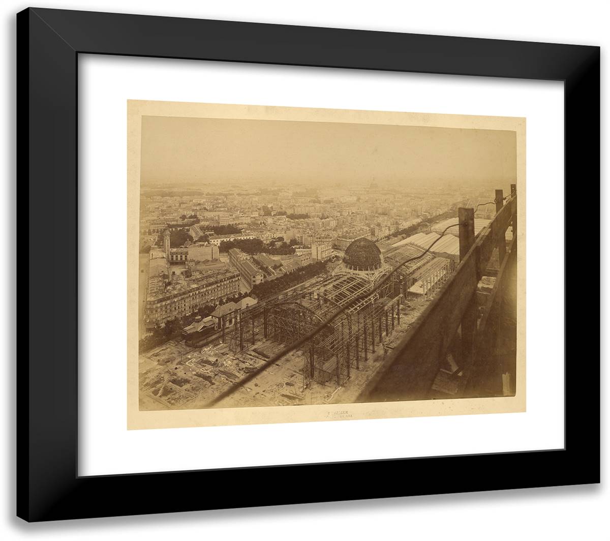 Aerial VIew of an Exhibition Building Under Construction 23x20 Black Modern Wood Framed Art Print Poster by Durandelle, Louis