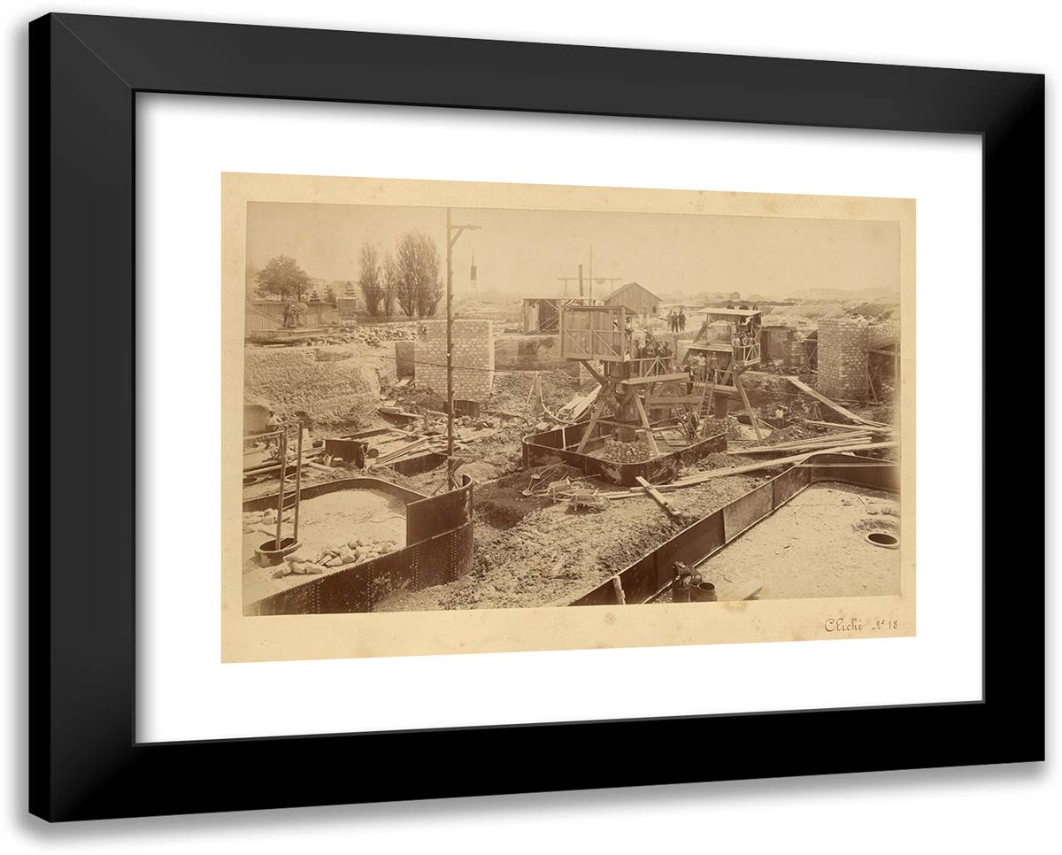 Pier No. 1, Filling a Foundation Caisson with Compressed Air 24x19 Black Modern Wood Framed Art Print Poster by Durandelle, Louis